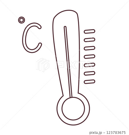 Black and white Celsius thermometer icon for weather forecast and climate measurement. Simple temperature gauge symbol in doodle style, perfect for educational materials, meteorology 123783675