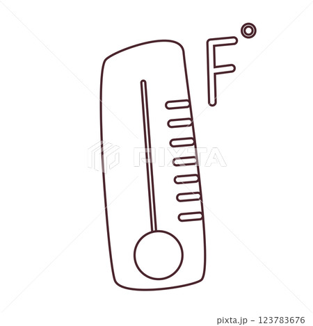 Black and white Fahrenheit thermometer icon for weather forecast and climate measurement. Simple temperature gauge symbol in doodle style, perfect for educational materials, meteorology. 123783676