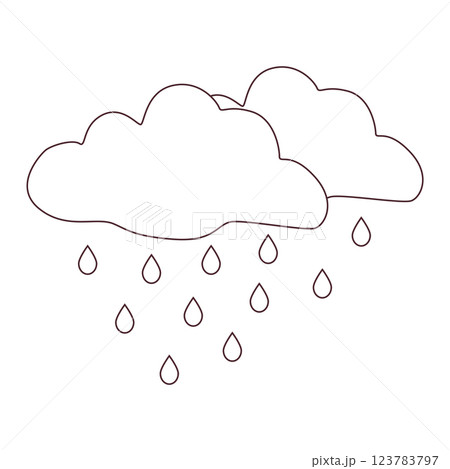 Black and white rainy weather icon with clouds and raindrops in doodle style. Simple meteorology symbol for weather forecasts, climate apps, and educational materials. 123783797