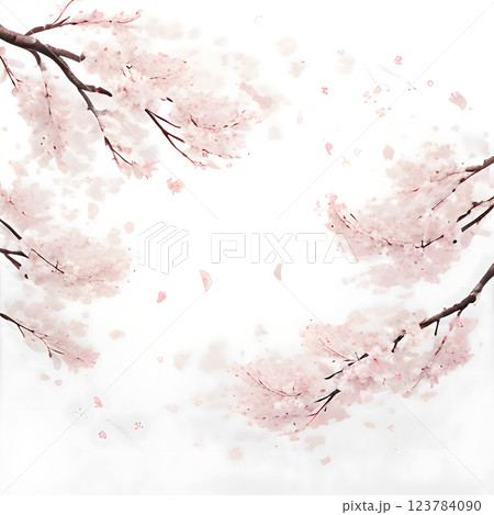 満開の桜、淡いピンクの花びらが風に舞う美しい風景 123784090