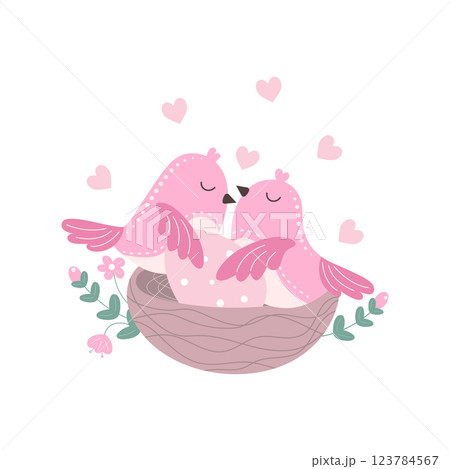 Two pink birds sit in a nest 123784567