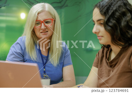 パソコンを使いながら話し合う白人女性 123784691