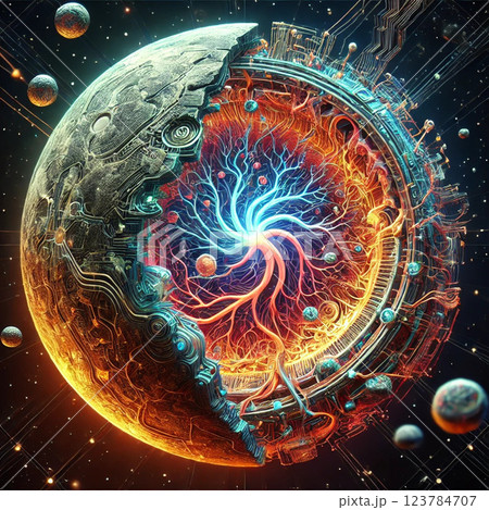 スピリチュアルな機械のような植物なような球体が宇宙に浮く 123784707
