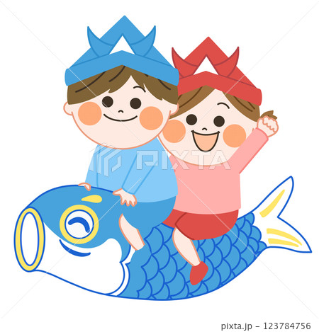鯉とこどもの日にカブトをかぶった笑顔の男の子の女の子のイラスト　親しみ温かみのあるタッチ 123784756
