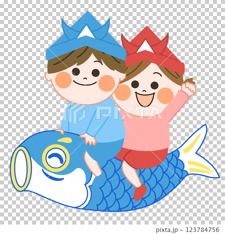 An illustration of a smiling boy and girl wearing carp and helmets for Children's Day, with a warm and friendly touch 123784756
