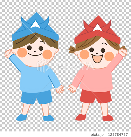 A full-body illustration of a smiling boy and girl wearing helmets for Children's Day, with a warm and friendly touch 123784757