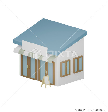 様々な建物のシンプルな3Dイラスト まちづくり　カフェ 123784827