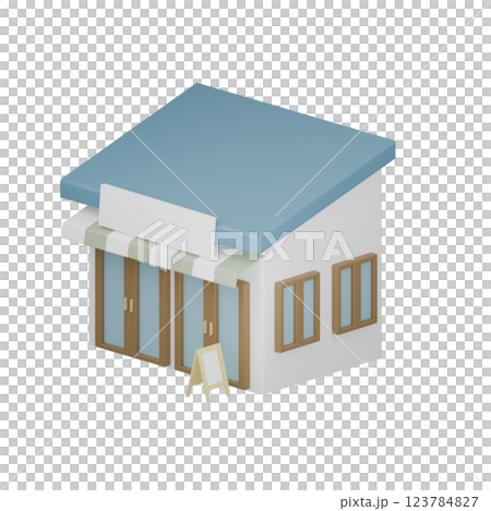 様々な建物のシンプルな3Dイラスト まちづくり　カフェ 123784827