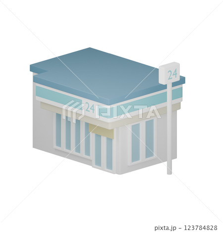 様々な建物のシンプルな3Dイラスト まちづくり　コンビニ 123784828