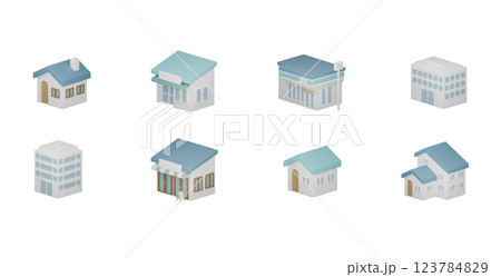 様々な建物のシンプルな3Dイラスト まちづくり 123784829