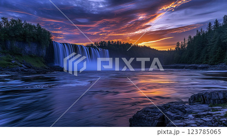 Serene Waterfall Scene with Dramatic Sunset Sky Serene Waterfall Scene with Dramatic Sunset Sky 123785065