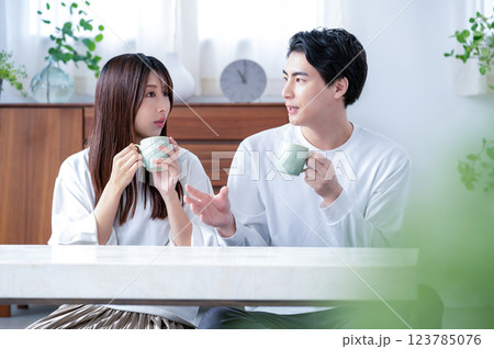 リビングで笑顔で会話する男女 123785076