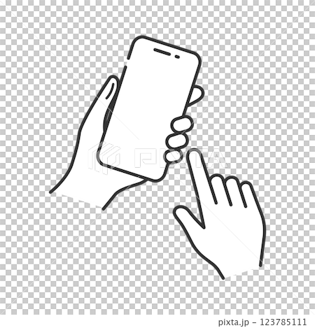 Mockup icon of a hand holding a smartphone (line drawing, monochrome) 123785111
