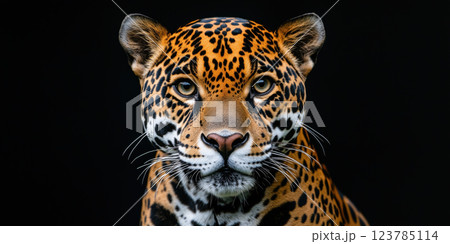 Captivating close up of jaguar showcasing its striking fur pattern and intense gaze Captivating close up of jaguar showcasing its striking fur pattern and intense gaze 123785114