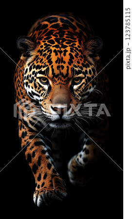 Captivating full body of jaguar showcasing its striking coat and intense gaze Captivating full body of jaguar showcasing its striking coat and intense gaze 123785115