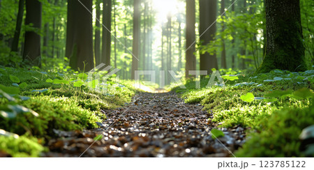 misty forest pathway covered in fresh green leaves, moss, and soft sunlight 123785122