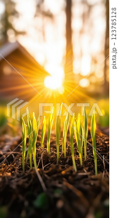 picturesque meadow with tiny green sprouts emerging from soil at sunrise 123785128