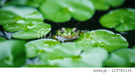 green frog peeks out from tranquil pond covered with floating lily pads 123785131