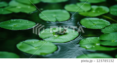 small frog sits on green lily pad in tranquil pond with water droplets 123785132