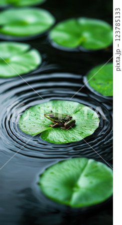 small frog sits on floating green lily pad in tranquil pond with rippling water 123785133
