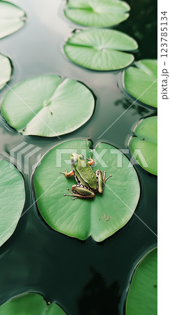 green frog sits on floating lily pad in tranquil pond, surrounded by lush greenery 123785134