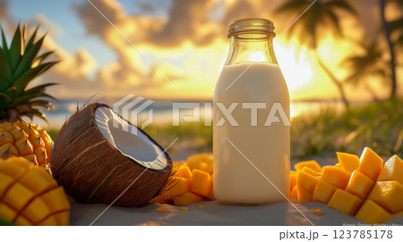 Coconut milk with fresh coconut and tropical mango on a sunny beach. 123785178