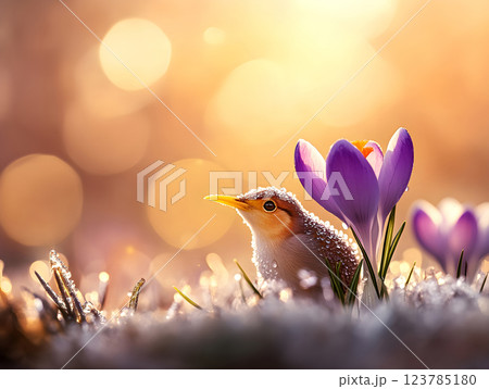 Fresh wild purple crocus blooming in spring garden. Saffron flowers in field. Natural floral blooming meadows composition. Floral background. Begining springtime sunny landscape with sunlight. 123785180