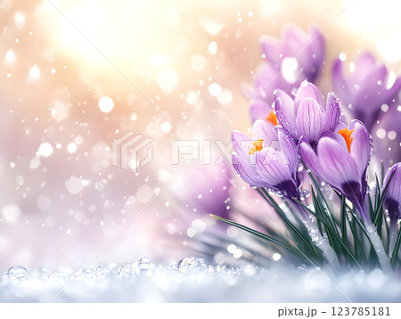 Fresh wild purple crocus blooming in spring garden. Saffron flowers in field. Natural floral blooming meadows composition. Floral background. Begining springtime sunny landscape with sunlight. Fresh wild purple crocus blooming in spring garden. Saffron flowers in field. Natural floral blooming meadows composition. Floral background. Begining springtime sunny landscape with sunlight. 123785181