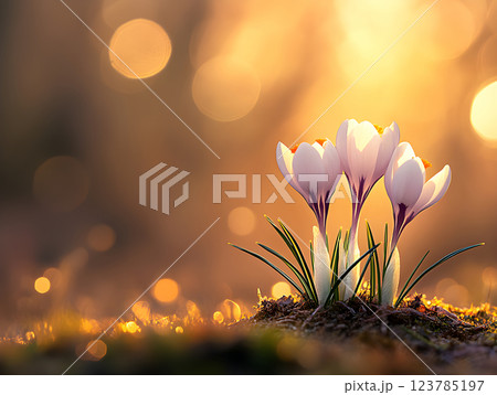 Fresh wild purple crocus blooming in spring garden. Saffron flowers in field. Natural floral blooming meadows composition. Floral background. Begining springtime sunny landscape with sunlight. 123785197