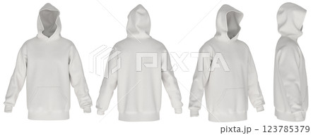 Men's White Oversized Hoodie Mockup - Front, Side, Back View 3D Render 123785379