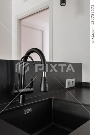 Close-up of a stylish black kitchen faucet with a modern matte finish and sleek dark countertop Close-up of a stylish black kitchen faucet with a modern matte finish and sleek dark countertop 123785573