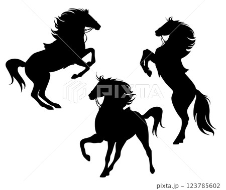 saddled horse ready for ride and rearing up black and white vector silhouette set saddled horse ready for ride and rearing up black and white vector silhouette set 123785602