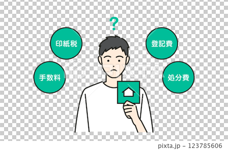 不動産を売却するときの費用を考える若い男性のベクターイラスト 不動産を売却するときの費用を考える若い男性のベクターイラスト 123785606
