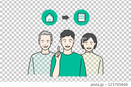Vector illustration of a family thinking about changing from a detached house to an apartment Vector illustration of a family thinking about changing from a detached house to an apartment 123785608