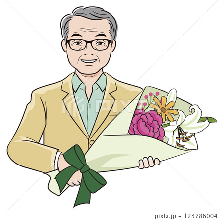 メガネをかけた高齢者男性　花束を持つ 123786004