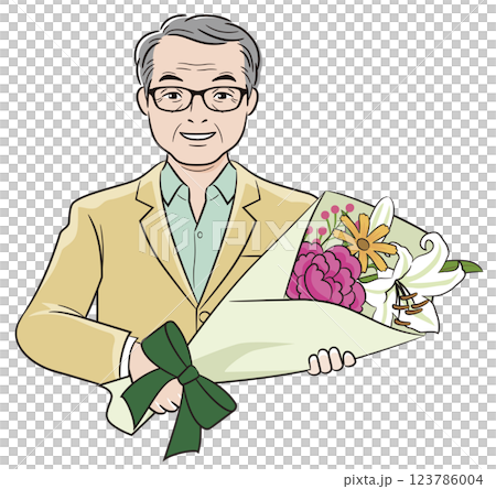 戴眼鏡的老人手捧一束花 戴眼鏡的老人手捧一束花 123786004