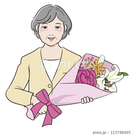 高齢者女性　花束を持つ 123786005