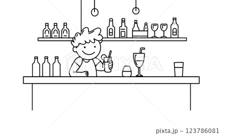 Satisfied barman at the counter holding a glass with a drink. Vector illustration of a cartoon doodle waiter stickman mixing a cocktail. Isolated character on a white background. 123786081
