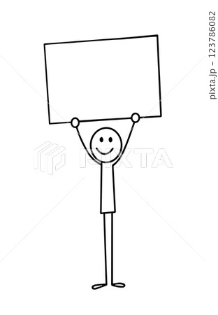 Stickman holding sign or empty rectangle. Vector doodle style figure Stickman holding sign or empty rectangle. Vector doodle style figure 123786082