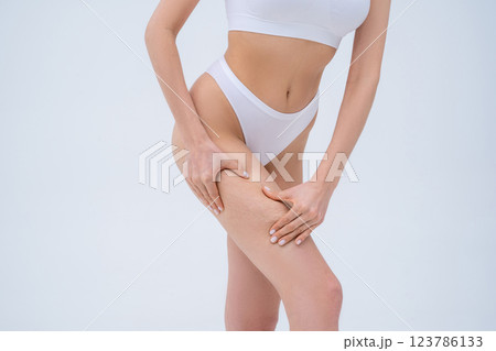 Close up picture of a woman in white lingerie making cellulite self-test Close up picture of a woman in white lingerie making cellulite self-test 123786133