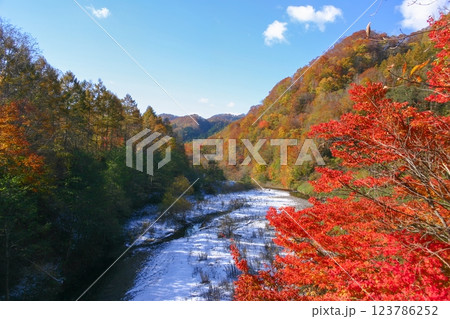 紅葉した山と川 123786252