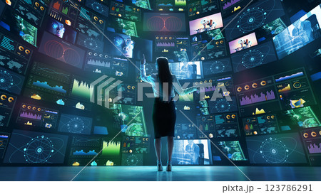 Woman interacting with curved digital screens displaying data analytics, global connections, cybersecurity metrics. Woman interacting with curved digital screens displaying data analytics, global connections, cybersecurity metrics. 123786291