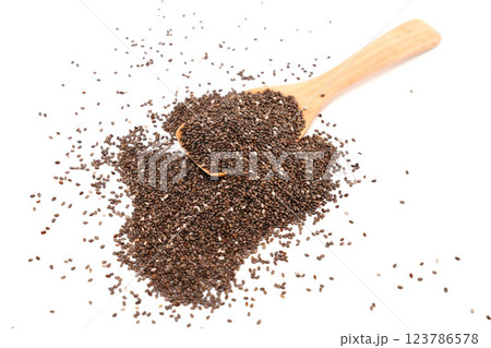 Chia seeds on spoon isolated on white background. 123786578