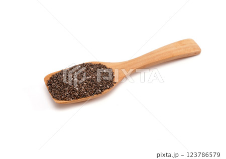 Chia seeds on spoon isolated on white background. Chia seeds on spoon isolated on white background. 123786579