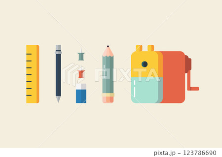 Pen pencil ruler and sharpener in flat style. Pen pencil ruler and sharpener in flat style. 123786690