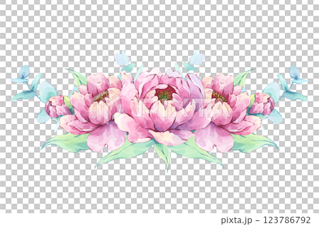 Pink peonies and eucalyptus symmetrical watercolor composition 123786792