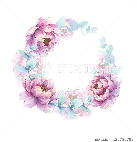 Pink peony flowers and eucalyptus watercolor wreath Pink peony flowers and eucalyptus watercolor wreath 123786793