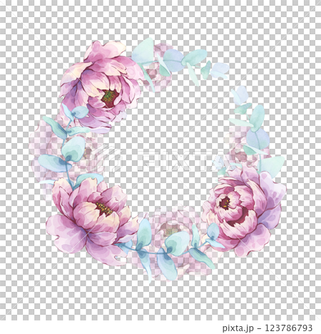 Pink peony flowers and eucalyptus watercolor wreath Pink peony flowers and eucalyptus watercolor wreath 123786793