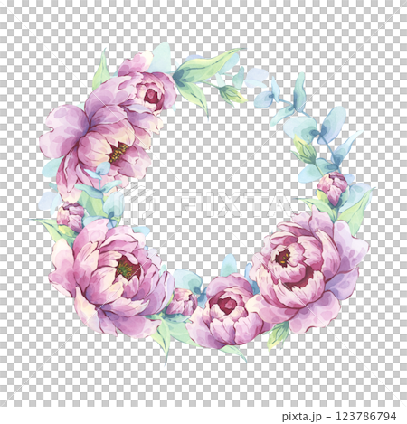 Wreath of pink peonies, buds, green leaves, and eucalyptus. Watercolor stylized illustration Wreath of pink peonies, buds, green leaves, and eucalyptus. Watercolor stylized illustration 123786794
