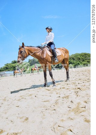 馬に乗って乗馬の練習をする女性 馬に乗って乗馬の練習をする女性 123787016